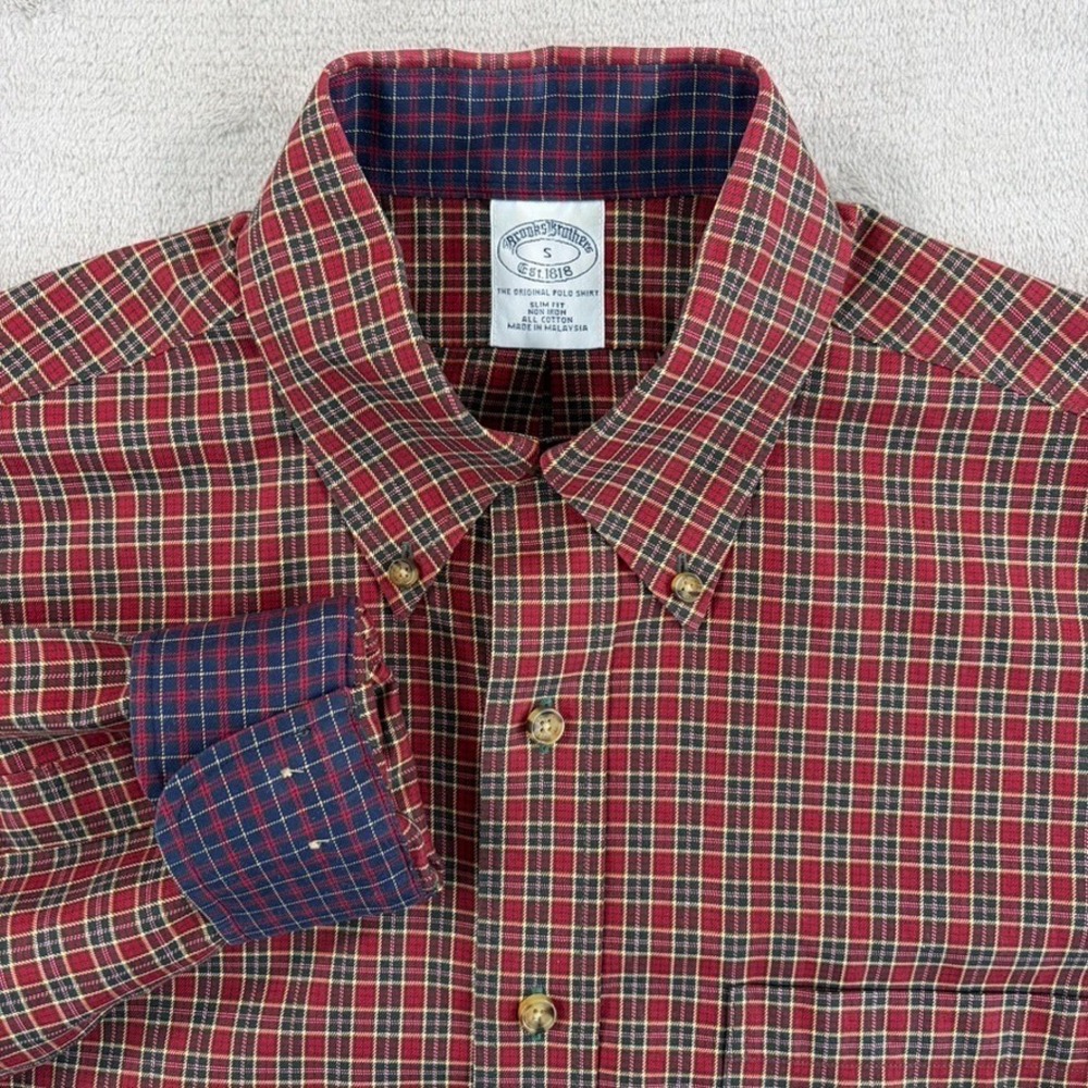 BROOKS BROTHERS Oxford Slim Fit Non Iron Shirt Brick Red Plaid Men Small Preppy
